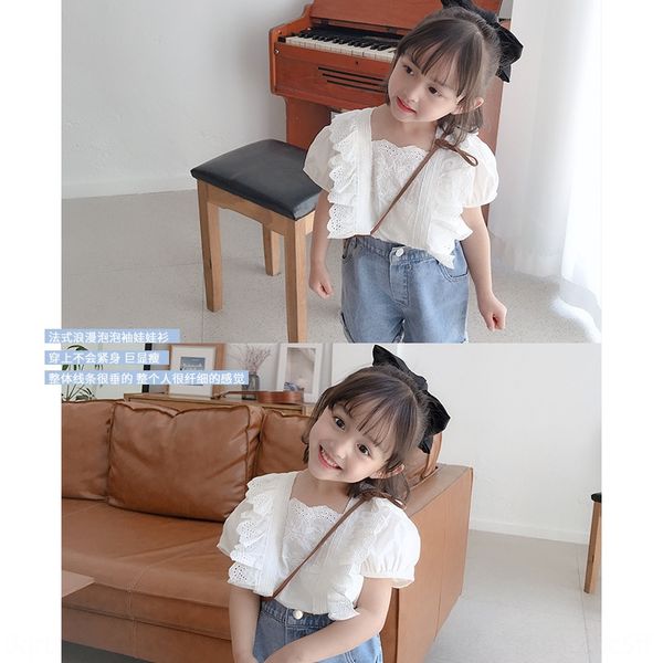 

2020 new shirt lace wear children's children's baby cotton girls' lace short-sleeved shirt, White;black
