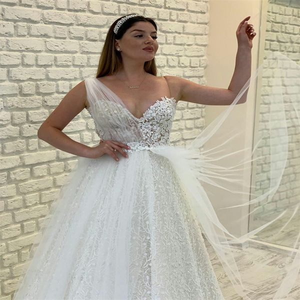 

plus size boho a-line wedding dresses one-shoulder sleeveless appliqued lace bridal gown sweep train custom made beach bridal gown, White
