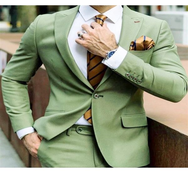 Bonito 2 peças ternos verdes do casamento Custom Made mistura de algodão smoking Partido formal do negócio para ternos melhor homem repicado lapela Blazer Men Suits