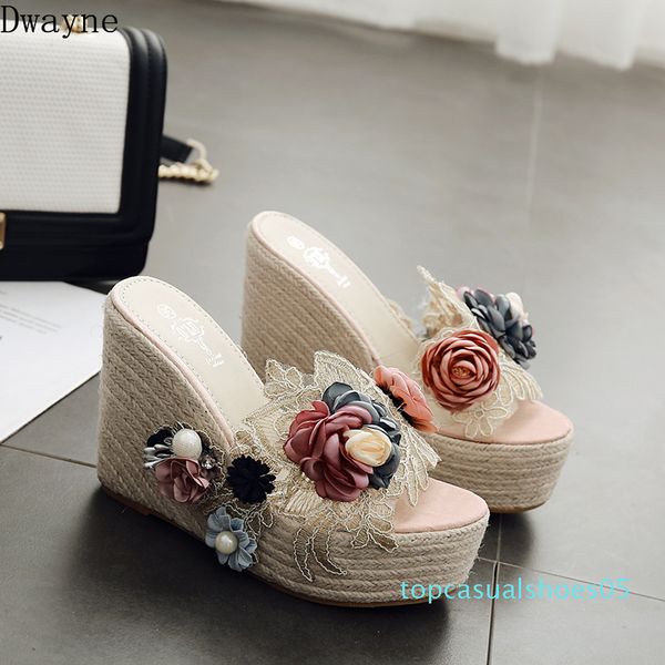 

new korean fashion women's slippers pearl flowers straw wedges platform women's sandals and slippers t05, Black