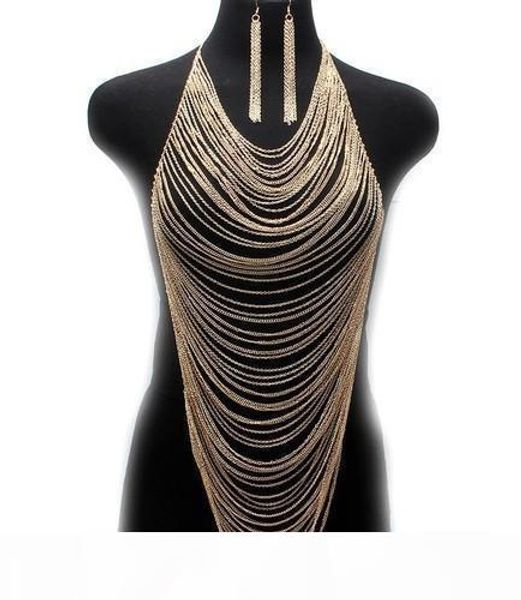 

multilayer body chains earrings europe fashion women multi curb chain metal silver gold tassel body chain harness necklace pendants jewelry