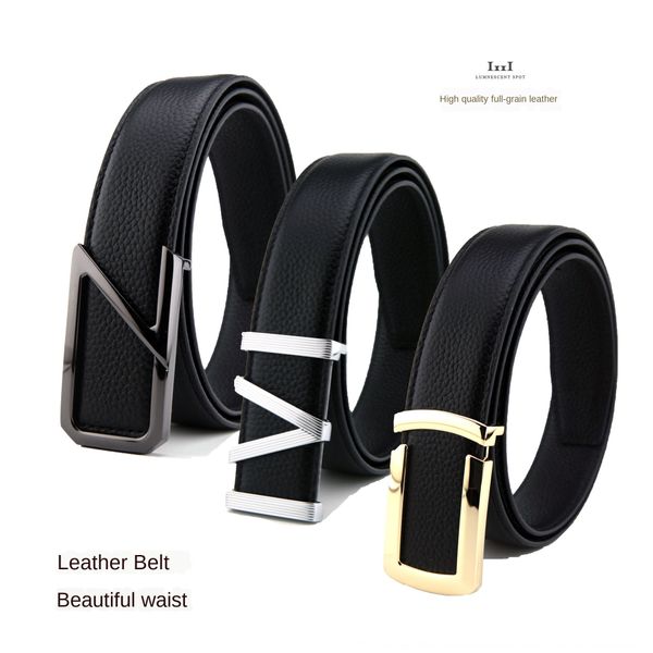 

smooth buckle men's layer cowhide buckle belt fashion all-match korean trousers belt, Black;brown