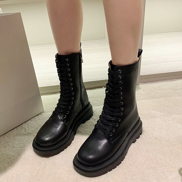 

женская осень сапоги новая мода черный круглый toe женская обувь lace-up high женские короткие сапоги платформа женская обувь плюс размер 40, Black