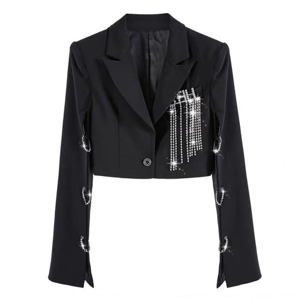 

spring and autumn fashion women's vertical coatcoat coat tassel brooch casual loose black small collar women's small suit, White;black
