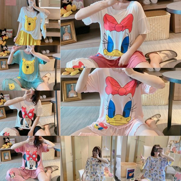

summer thin modier cotton short-sleeved female cute student loose summer home clothes set home pajamas pajamas live broadcast, Blue;red