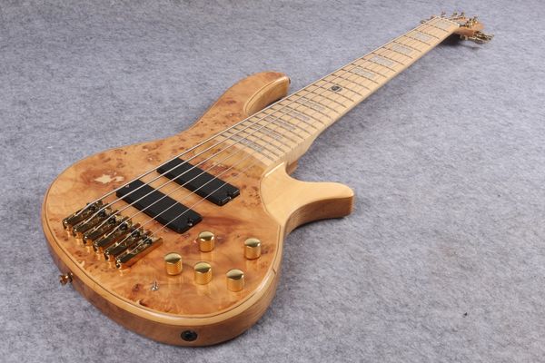 Benutzerdefinierte 6-saitige natürliche E-Bass-Gitarre, Ahornkorpus, aktiver Bass, Schaltplan, 24 Bünde, Gold-Hardware, chinesischer Signature-Bass