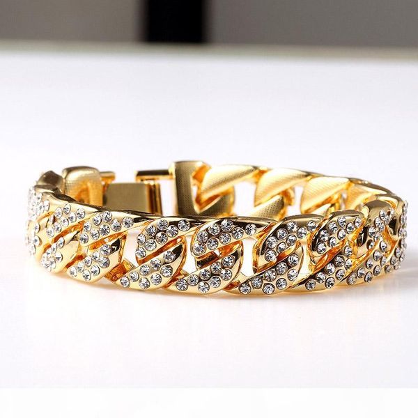 

exaggerated heavy extra coarse 24k solid gold miami cuban link shiny full diamante bracelet hip hop bling jewelry hipster men gold wristband, Black