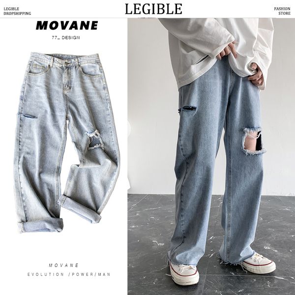 

legible men's streetwear summer straight ripped jeans man 2020 fashion hip hop jeans joggers male loose denim pants bottoms, Blue