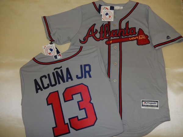

majestic atlanta #13 ronald acuna jr baseball cool base jersey new gray