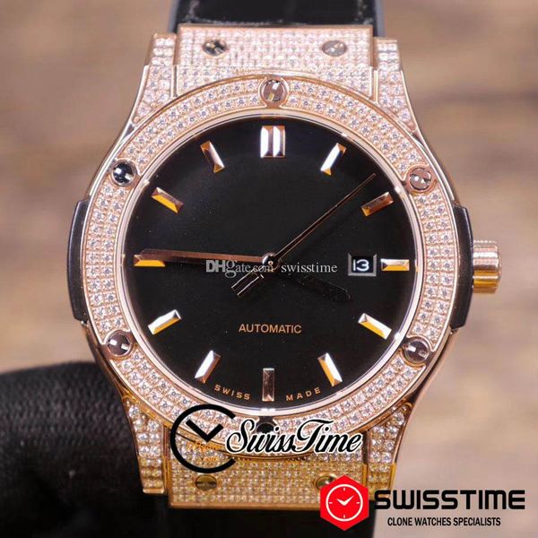

new big automatic mens watch rose gold diamond case black dial silver stick markers black leather rubber strap new swisstime hubg06e5, Slivery;brown