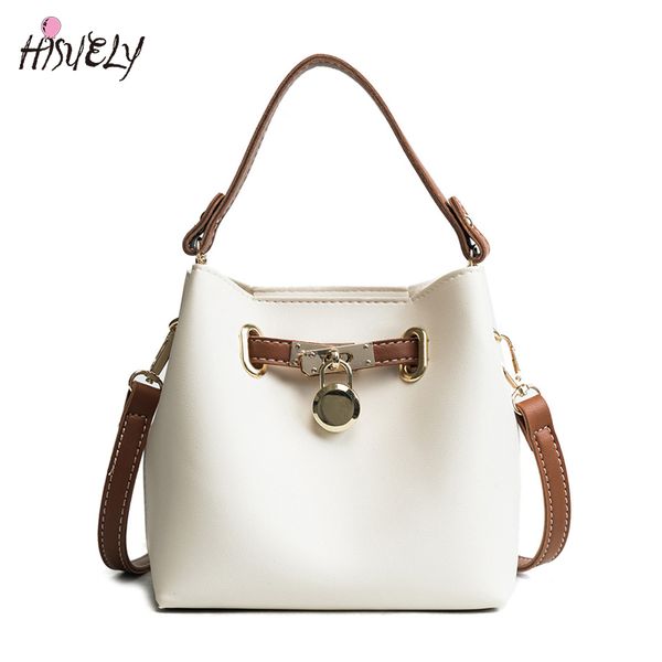 

hisuely new lock women pu leather handbag bucket bag ladies shoulder bag fashion designer small tote bolsas purse