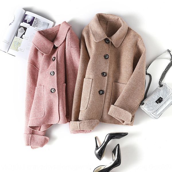 

2020 bird plaid hepburn style double-sided cashmere women's wool coat short small woolen coat, Black
