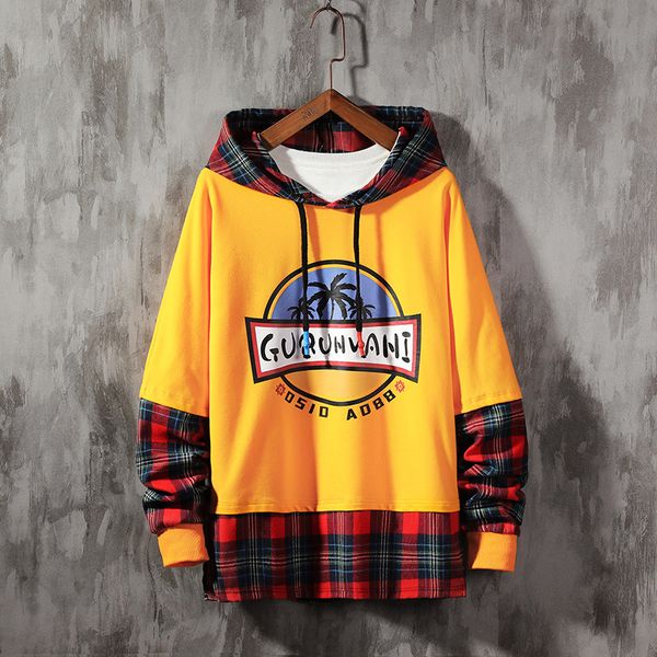 

men's streetwear hoodies autumn coconut tree printing patchwork sweatshirt male harajuku japan style hip hop yellow hoodie men, Black
