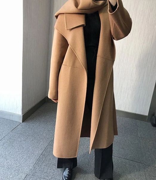 

women trench nordic wool cashmere double-faced wool cashmere silhouette side slit long coat, Black