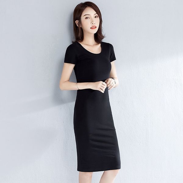 

short-sleeved 2020 new summer cotton base casual slim fit popular dress dresst-shirt dress knee-length t-shirt skirt, Black;gray