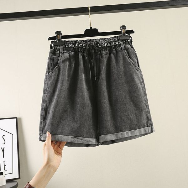 

2020 summer large shorts pants size women's elastic high waist denim shorts fat sister 200kg loose flanging thin pants, Blue