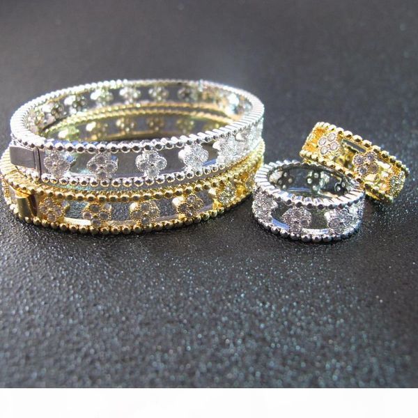 

wholesale zircon diamonds hollow out flower bangle and rings jewelry sets for women, Silver