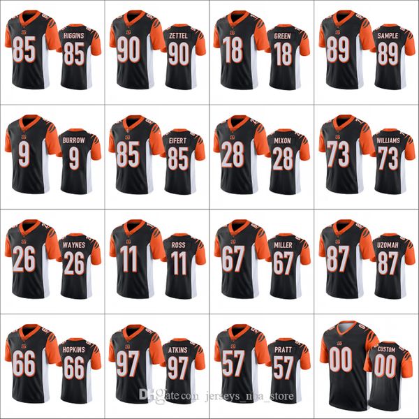 

cincinnati bengals men #9 joe burrow 90 anthony zettel 18 a.j. green women youth nfl custom black vapor limited jersey, Black;red