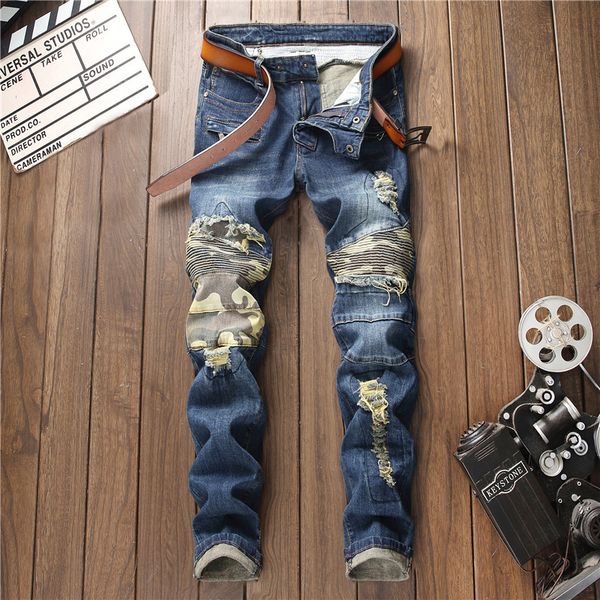 

european american style mens denim jeans men straight denim trousers zipper slim blue patchwork hole jeans for men