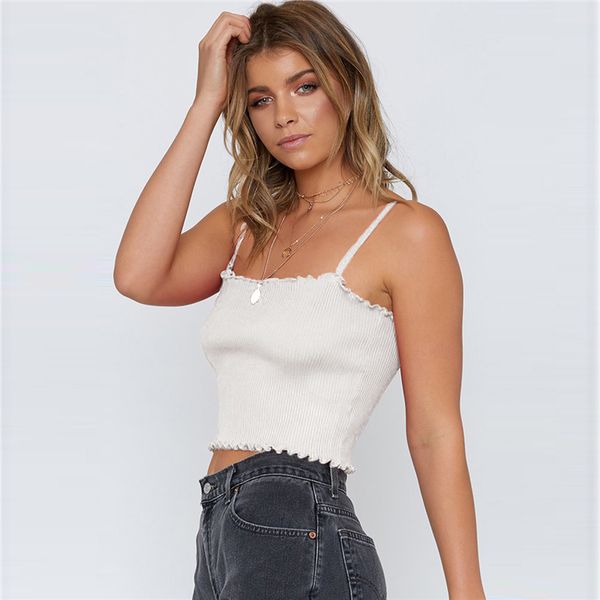 

summer slim tank clothing female spaghetti strap plain vest women frill trim cami stretchy ribbed knit crop white