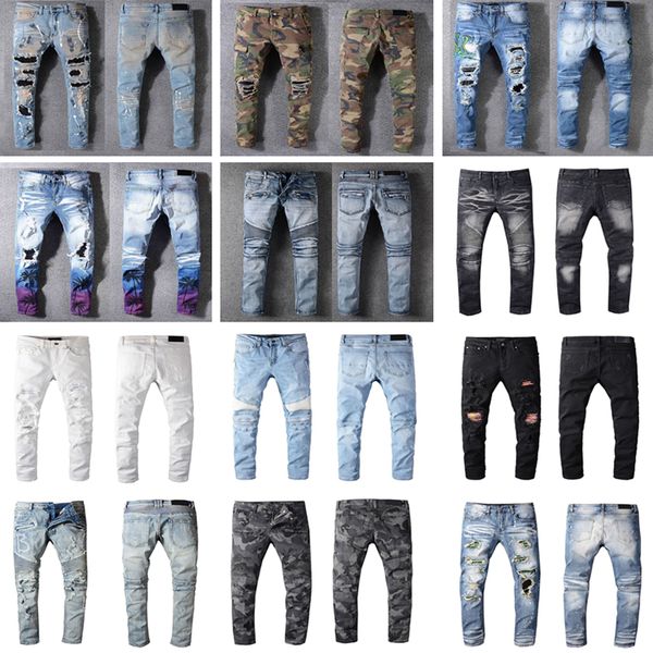 

distressed france fashion pierre straight jeans men's biker jeans hole stretch denim casual jean men skinny pants elasticity ripped tro, Blue