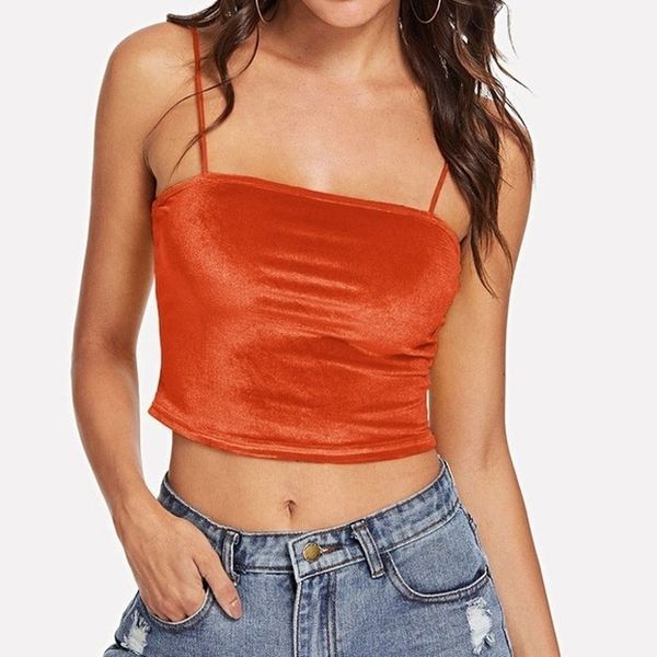 

2020 new women fashion velour crop red yellow orange hollow out pink solid color short camisole female velvet, White