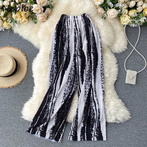 

neploe women wide leg pants autumn 2020 korean new tie dye straight loose pleated high waist casual pantalon femme 82028, Black;white