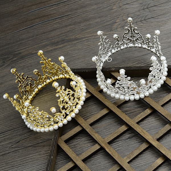 

children's round crown cake baking decorative crown bride highlight pearl hair accessories headdress pearl headdress accessories, Slivery;white