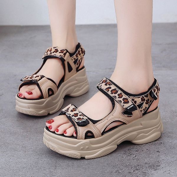 

summer women sandals wedge thick sole leopard printed casual platform ladies shoes hook&loop beach sandals women casual shoes t200801, Black