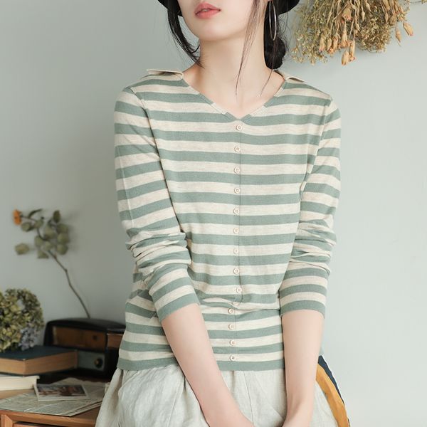 

johnature new solid color 2020 autumn striped knitting all- match casual sweaters loose pullover women simple v-neck sweaters, White;black