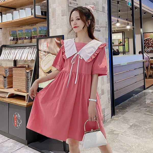 

2020 summer new french maternity lotus collar doll loose maternity dress trendy mom bubble sleeve dress, Black;gray