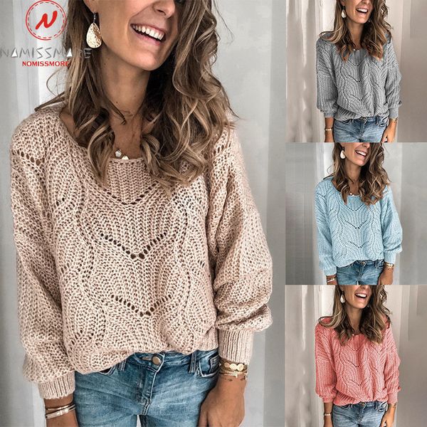 

fashion women spring autumn sweaters hollow out design o-neck long sleeve solid color slim kniited pullovers top, White;black