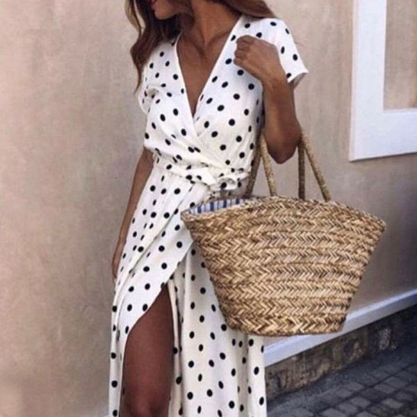 

fashion summer women dress boho holiday polka dot maxi v neck long shirt dress drop shipping, Black;gray