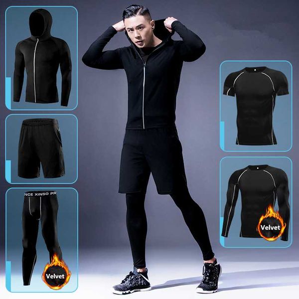 

men's running sets winter sport suits with velvet workout tights 5pcs/sets clothes keep warm gym fitness jogging sportswear kit, Black;blue