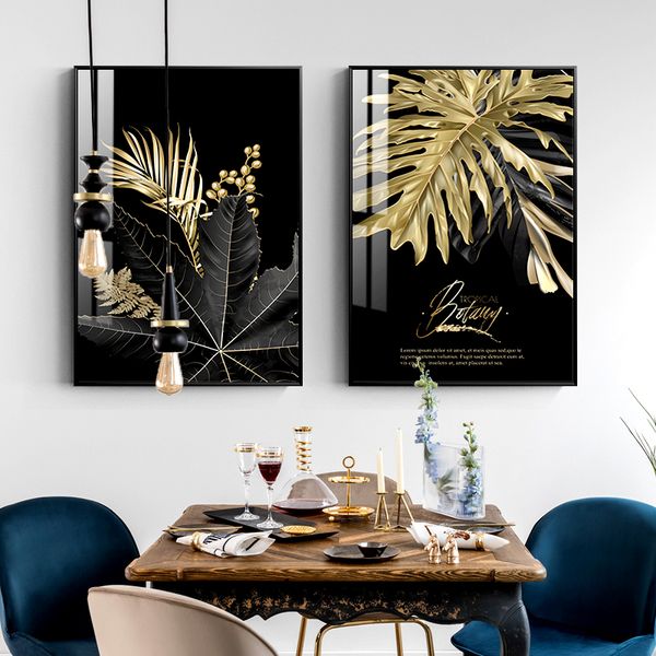 

nordic black golden feather leaves picture wall poster modern style canvas painting art for living room home decor (no frame