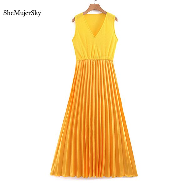 

shemujersky yellow pleated midi women dress summer v-neck sleeveless dresses woman dress elegant evening 2020, Black;gray