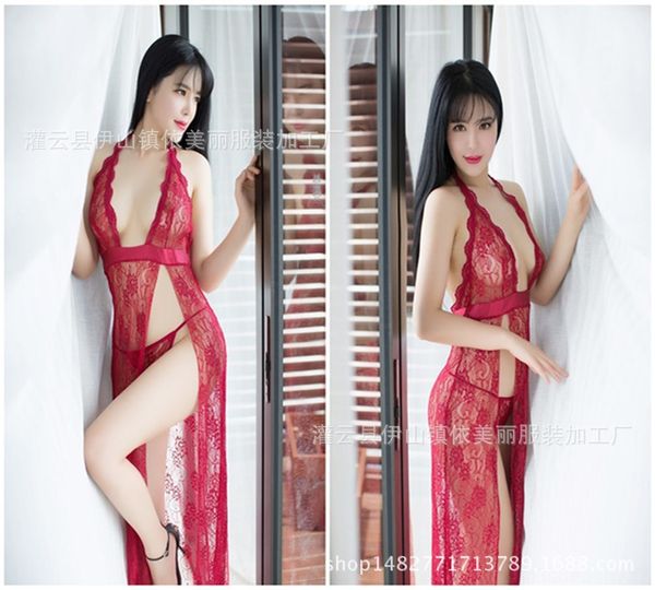 

underwear temptation back strap deep v underwear pajamas lace pajamas nightgown lace transparent long skirt women's t-pants 7245, Black;white