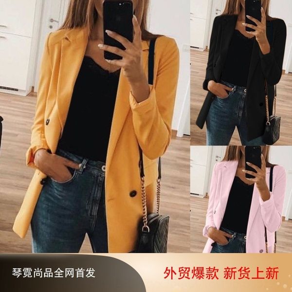 

mfgjq 2020 new women's fashionable solid color cardigan mid-length suit for women 2020 new coat women's fashionable solid color ca, White;black