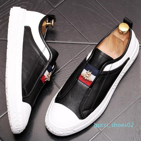 

cowhide small white shoe loafer shoe recreational board shoes new soft sole shoe stylist elastic belt bee star shoes g02, Black