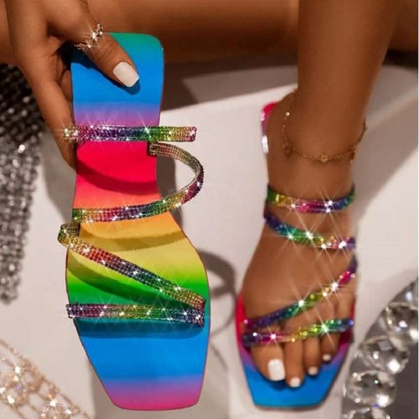 

2020 summer women's slippers ladies flat shoes luxury rhinestones sandals multicolor outdoor slides female beach flip flops, Black