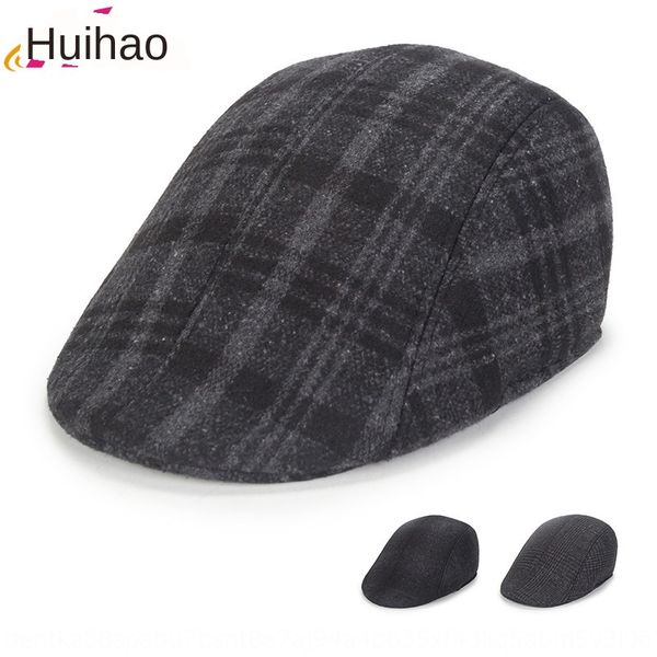 

new woolen hat plaid men's winter thickened warm warm beret beret fashionable all-match middle-aged and elderly dad cotton hat, Blue;gray