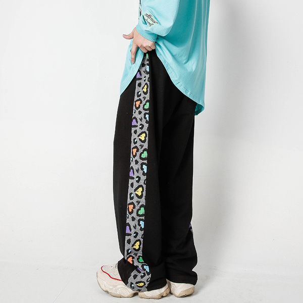 

men side leopard splice loose casual straight pant male women streetwear hip hop wide leg trousers jogger sweatpants pants, Black