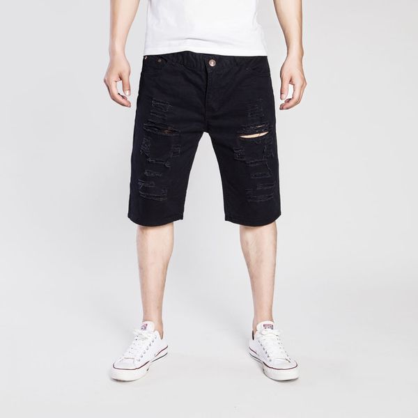 

men's pants 5 colors retro casual mens summer shorts jeans hole ripped washed denim fashion high street, Black
