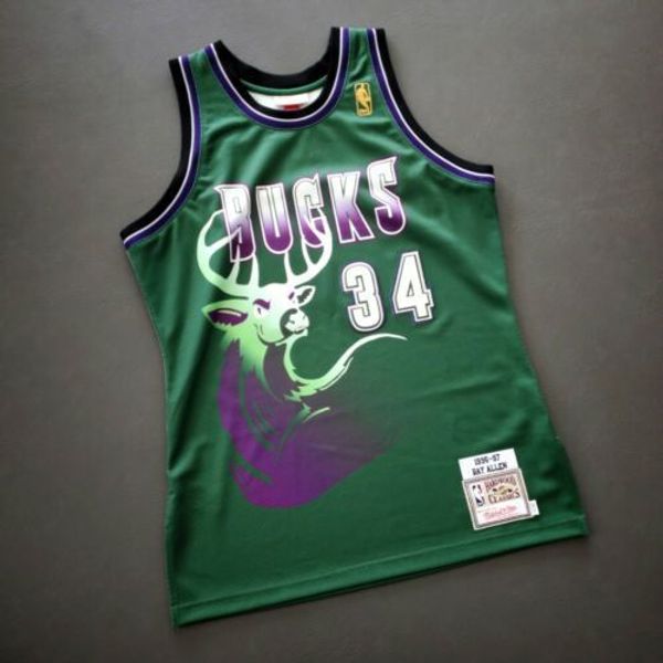 

100% stitched ray allen mitchell ness rookie 96 97 bucks jersey size xs-5xl  ens basketball jerseys, Gray