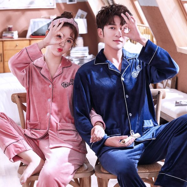 

poxj2 season couple pajamas warm home clothes female island velvet home clothes casual large size cardigan long sleeve plus velvet warm two, Blue;red