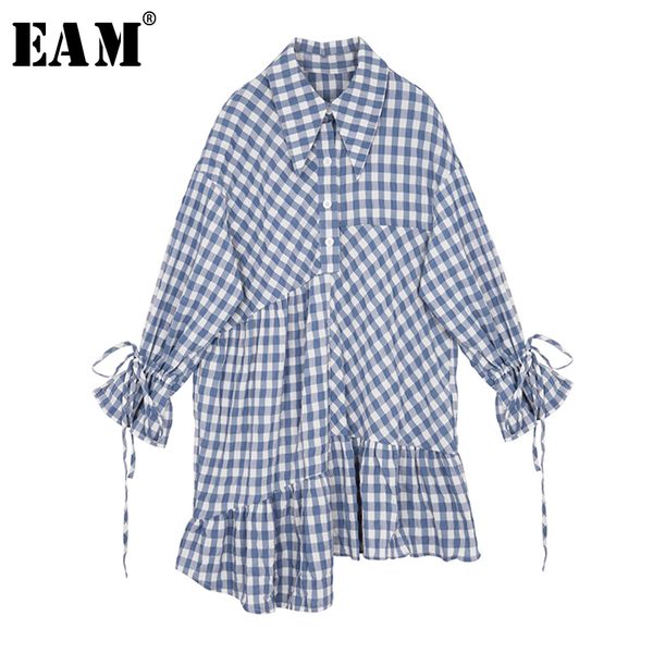 

eam] women blue plaid ruffles big size shirt dress new lapel long sleeve loose fit fashion tide spring autumn 2020 1s350, Black;gray