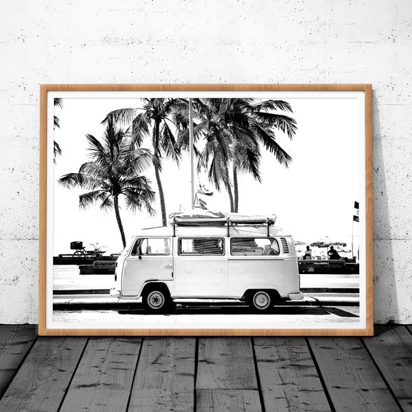 

vintage coastal pgraphy print retro bus van camper and black palm tree canvas painting wall picture coastal art decor