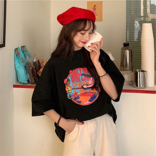 

summer 2020 new american loose all-match mid-length cartoon printed large size short sleeve t-shirt t-shirt for female students, White