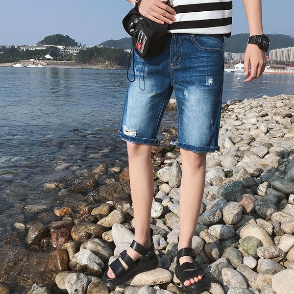 

y7bhi summer ripped denim cropped pants men's shorts and trousers and trousers ripped trendy men's denim mid-length pants youth fa, Blue