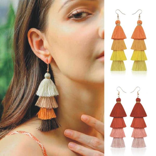 

2020 bohemian fringe long gradient multilayer drop earrings women fashion jewelry dangle silk fabric ethnic tassel earrings, Silver